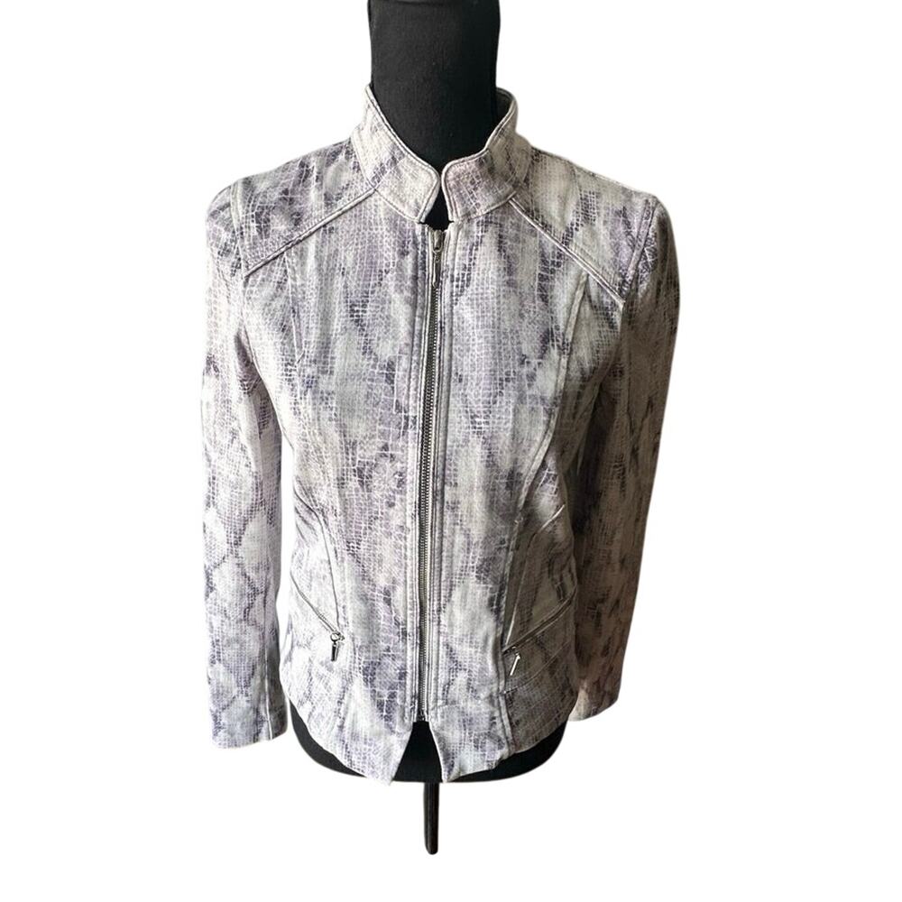 Edgy Luxe White House Black Market Purple Ecru Snake Moto Jacket 6